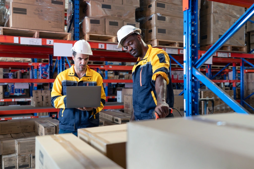 Warehouse workers reviewing cargo